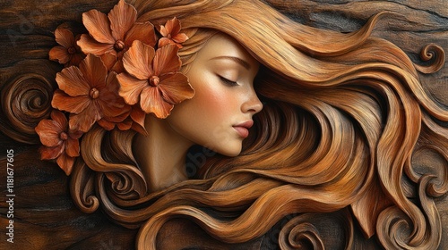 Serene woman carved in wood with flowing hair and flowers. photo