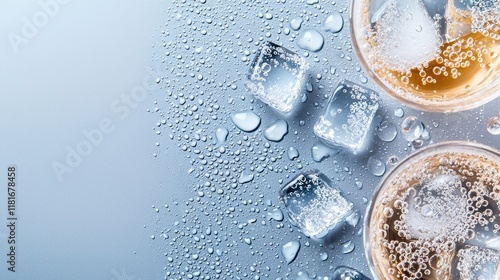 Refreshing Sweet Sparkling Beverages in Clear Glasses with Ice on a Stylish Background photo