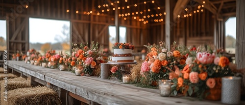 Rustic barn wedding reception table with cake and floral arrangements.