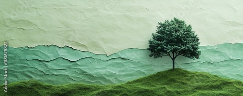 Abstract, banner and sustainable environment mockup for meditation, zen and eco friendly. Tree silhouette, paper texture and green backdrop for wallpaper, earth day and sustainability, Generative AI