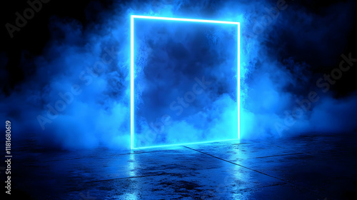 Neon Frame Illuminates Blue Smoke Background