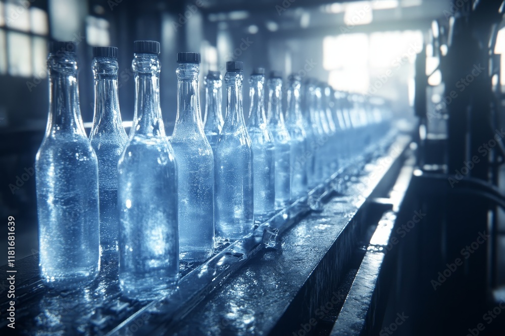 Bottles of Sparkling Water on Production Line in Industrial Warehouse, Glimmering in Natural Light with Reflections and Water Droplets on Surface Bottles of Sparkling Water on Production Line in Industrial Warehouse, Glimmering in Natural Light with Reflections and Water Droplets on Surface
