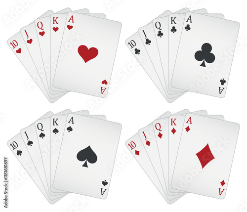 Playing cards - a poker hand consisting of a royal flush clubs spades hearts diamonds 10 J Q K A, vector illustration