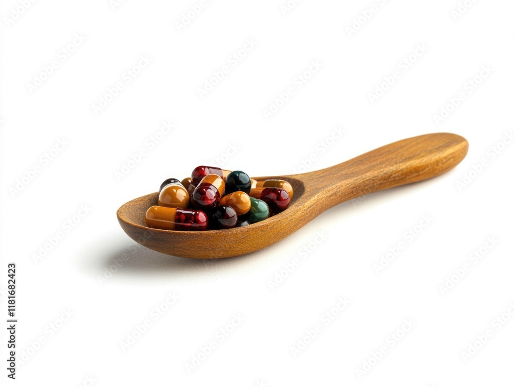 Wooden spoon with various color pills Wooden spoon with various color pills