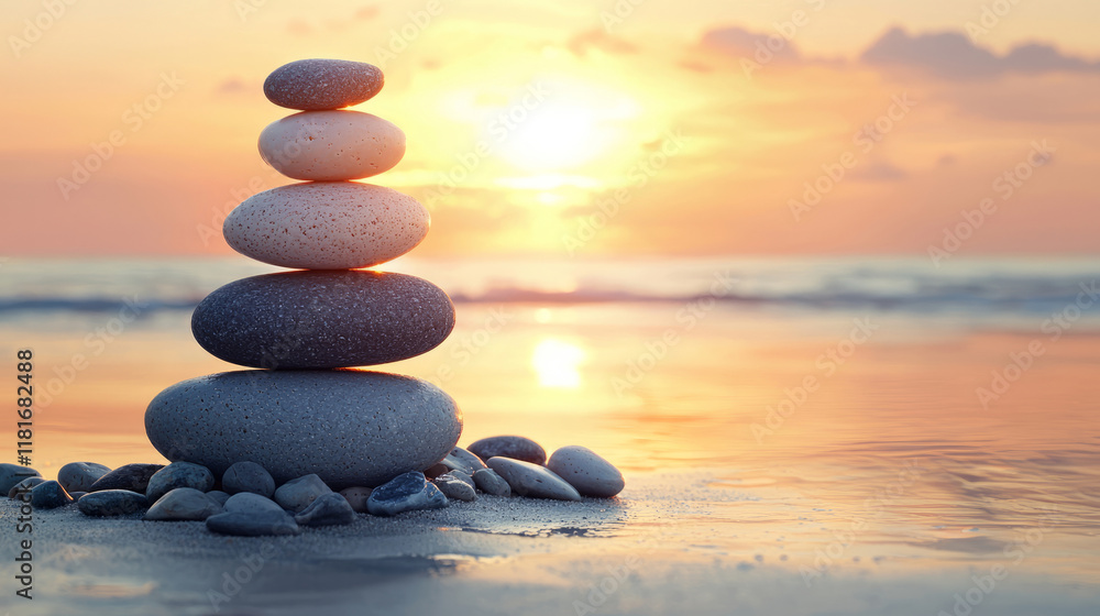 Stacked stones on a sandy beach at sunrise with calming atmosphere Stacked stones on a sandy beach at sunrise with calming atmosphere