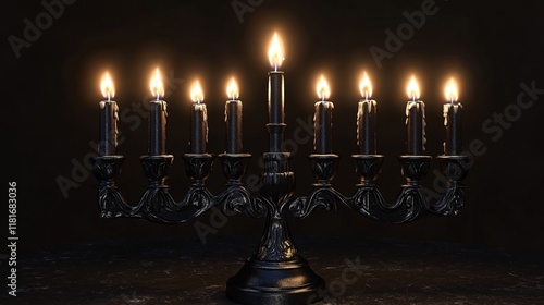 A beautifully crafted black menorah with nine glowing candles, radiating warmth and light in a dark setting. photo