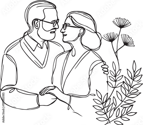 Romantic Line Art Illustrations of Elderly Couples in Vector