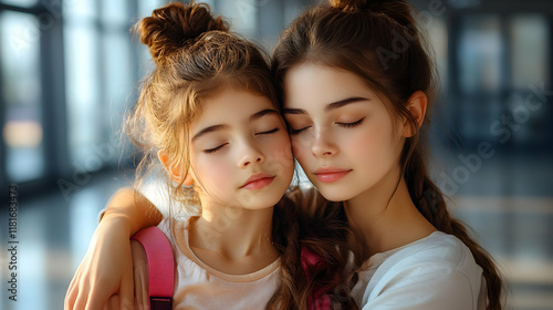 Sisters Embrace with Closed...