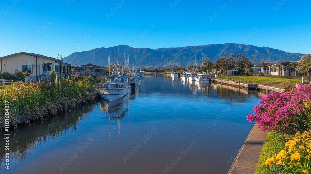 Fototapeta premium Calm Canal Boats Docked Peaceful Mountain View