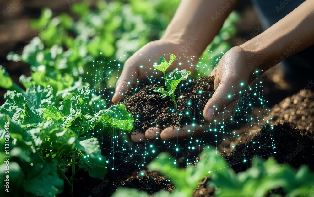 Future agriculture concept, smart farming technology for soil quality control, hands holding soil from a top view before planting seeds, ensuring soil health and optimal growth Future agriculture concept, smart farming technology for soil quality control, hands holding soil from a top view before planting seeds, ensuring soil health and optimal growth