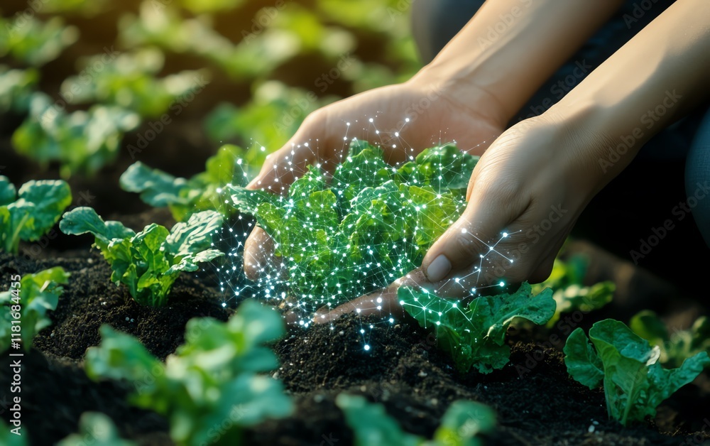Future agriculture concept, smart farming technology for soil quality control, hands holding soil from a top view before planting seeds, ensuring soil health and optimal growth Future agriculture concept, smart farming technology for soil quality control, hands holding soil from a top view before planting seeds, ensuring soil health and optimal growth