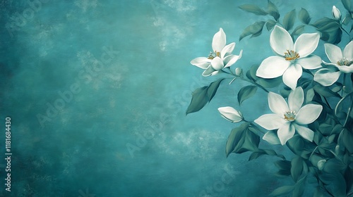 White Flowers Branch Teal Background Artistic Painting