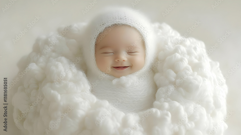 Baby Smiles Peacefully in Soft White Clouds Comfortably Baby Smiles Peacefully in Soft White Clouds Comfortably