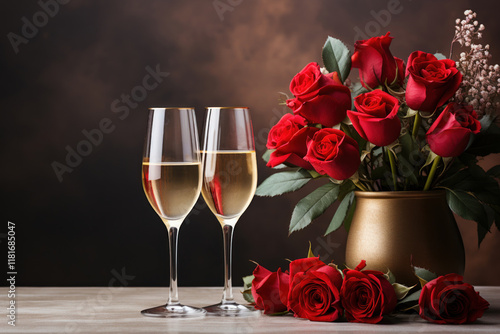 Valentines day table setting red roses and champagne glasses on concrete background. Valentine's greeting card - Image.   
