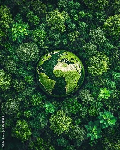 Green energy for sustainable environment, top view of a vibrant forest with globe earth, carbon emissions reduction target, Earth Day concept for ecofriendly future