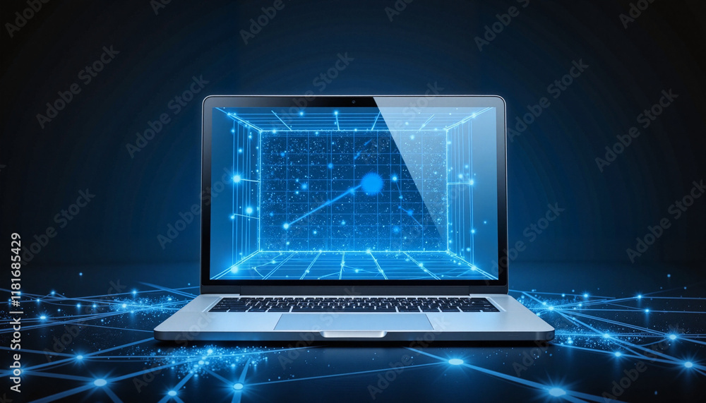 Futuristic laptop with transparent screen in digital space, technology