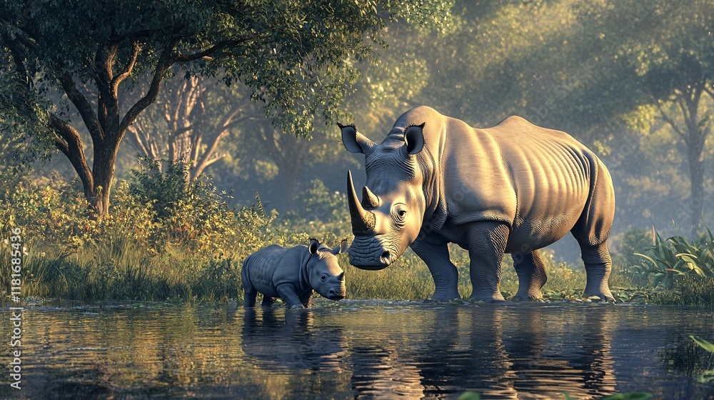 A serene scene of a mother rhinoceros and her calf by a tranquil water body, surrounded by lush greenery. A serene scene of a mother rhinoceros and her calf by a tranquil water body, surrounded by lush greenery.