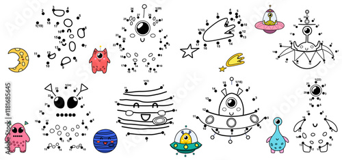 Space dot to dot mini games bundle. Connect the dots and draw funny characters. Educational activity pages set for kids. Vector illustration