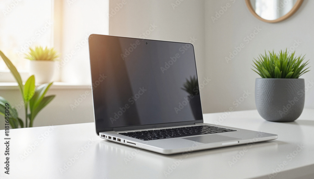 Fototapeta premium Closed laptop on modern table in home office, peaceful productivity