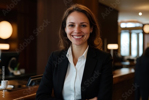 Smiling woman in a professional outfit stands confidently in a modern hotel lobby during the day