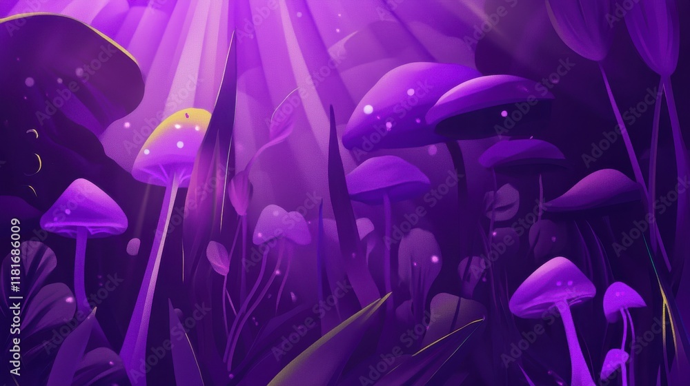 Enchanted Purple Mushroom Forest: A Digital Artwork of a Dreamlike Landscape Enchanted Purple Mushroom Forest: A Digital Artwork of a Dreamlike Landscape
