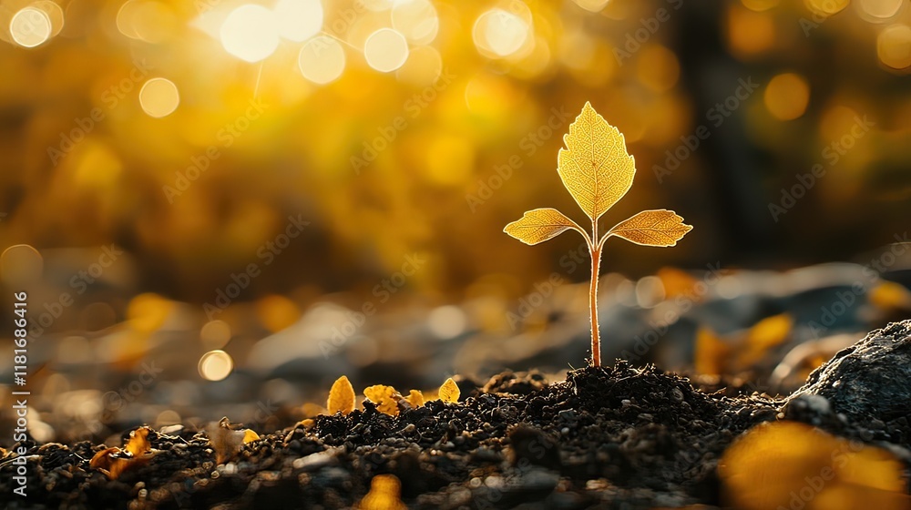 Small sprout growing in rich soil with autumnal background. Small sprout growing in rich soil with autumnal background.