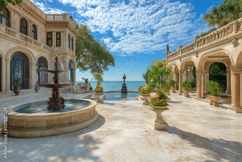 A majestic waterfront mansion with cascading fountains, a sprawling marble courtyard, and uninterrupted ocean views photo