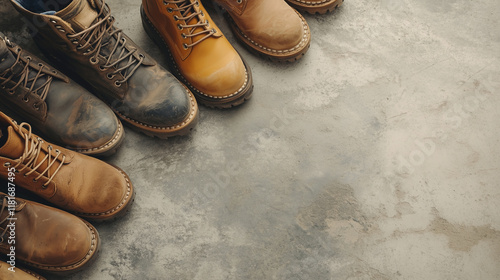 A clean shot of multiple pairs of work boots lined up, each pair telling a story of labor, on a plain concrete floor.