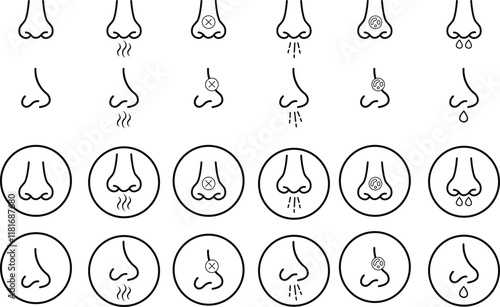 Nose icon set related with nasal. Contains monochrome line vector collection like nasal, smell, organ, breathe, sneeze, sniff and more. Simple outline sign isolated on transparent background.