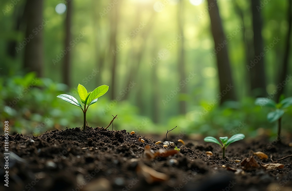 A serene forest with young saplings growing on reforested land. Sustainable and Eco-Friendly Living. Generative AI A serene forest with young saplings growing on reforested land. Sustainable and Eco-Friendly Living. Generative AI