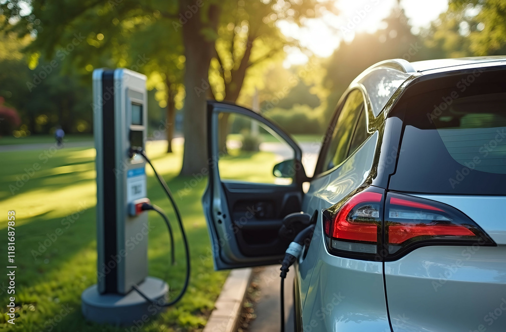 An electric car charging at a public charging station near a park. Sustainable and Eco-Friendly Living. Generative AI An electric car charging at a public charging station near a park. Sustainable and Eco-Friendly Living. Generative AI