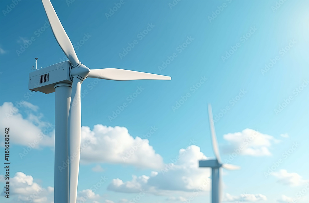 A close-up of a wind turbine with blue skies and fluffy clouds. Sustainable and Eco-Friendly Living. Generative AI A close-up of a wind turbine with blue skies and fluffy clouds. Sustainable and Eco-Friendly Living. Generative AI