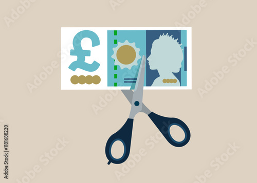 Cutting scissors to cut pound sterling banknotes. Divide money, share profits. Cost reduction or cut price. Pound sterling banknote. British money. Currency. Flat vector illustration