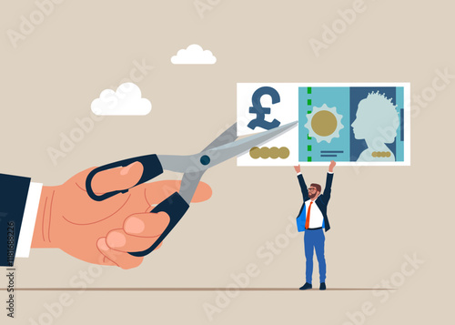 Business people cutting scissors to cut pound sterling banknotes. Divide money, share profits. Pound sterling banknote. British money. Currency. Flat vector illustration.