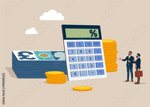 Calculator and stack of money in pound sterling. Loan calculation, budget allocation, expense and debt pay off or payment. Pound sterling banknote. British money. Currency. Flat vector illustration