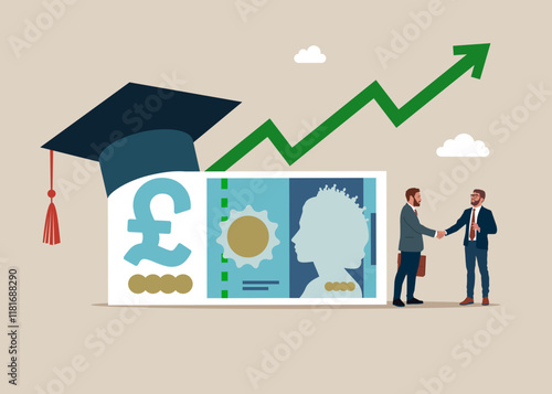 Two businessmen with big pound sterling banknote wearing academic graduation mortarboard hat. Payment for education. Tuition fees, scholarship. MBA. Pound sterling banknote. British money. Currency.