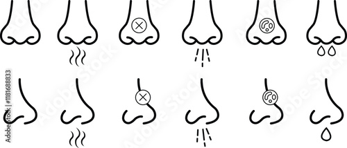 Nose icon set related with nasal. Contains monochrome line vector collection like nasal, smell, organ, breathe, sneeze, sniff and more. Simple outline sign isolated on transparent background.