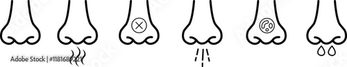 Nose icon set related with nasal. Contains monochrome line vector collection like nasal, smell, organ, breathe, sneeze, sniff and more. Simple outline sign isolated on transparent background.