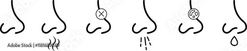 Nose icon set related with nasal. Contains monochrome line vector collection like nasal, smell, organ, breathe, sneeze, sniff and more. Simple outline sign isolated on transparent background.