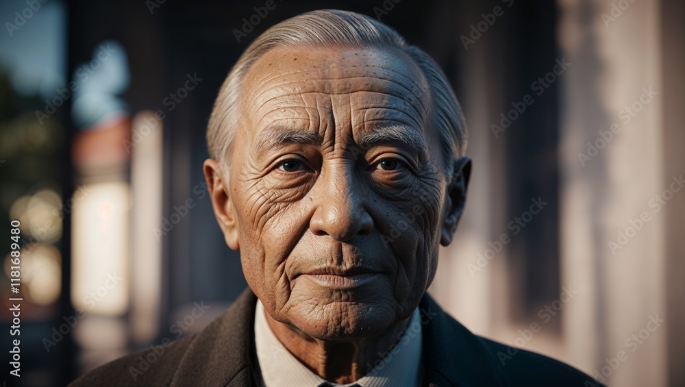 Contemplative Elderly Asian Gentleman in Business Attire Against Architectural Background Contemplative Elderly Asian Gentleman in Business Attire Against Architectural Background