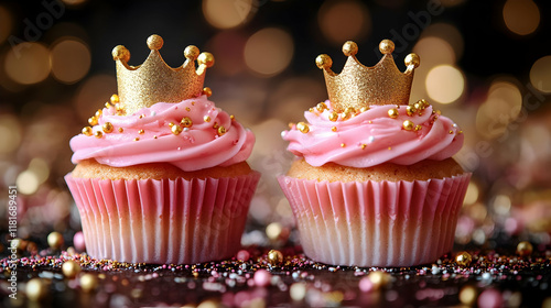 Pink Cupcakes Topped with G...