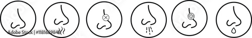 Nose icon set related with nasal. Contains monochrome line vector collection like nasal, smell, organ, breathe, sneeze, sniff and more. Simple outline sign isolated on transparent background.