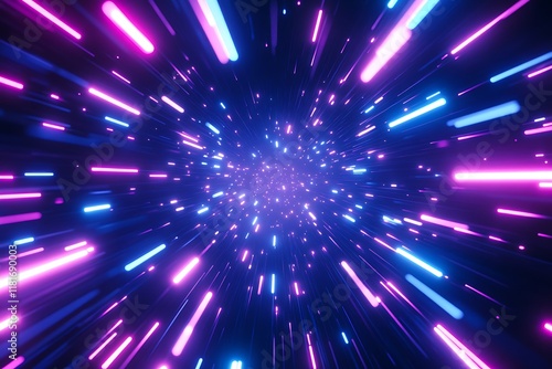 Abstract blue and purple light rays background with neon glowing lines, creating a speed motion effect, like a fast tunnel photo