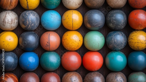 Colorful collection of vintage bocce balls neatly arranged in rows on a wooden surface.
