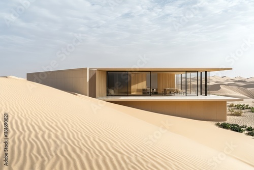 A minimalist desert house with clean lines, earthy tones, and surrounded by windswept sand dunes photo