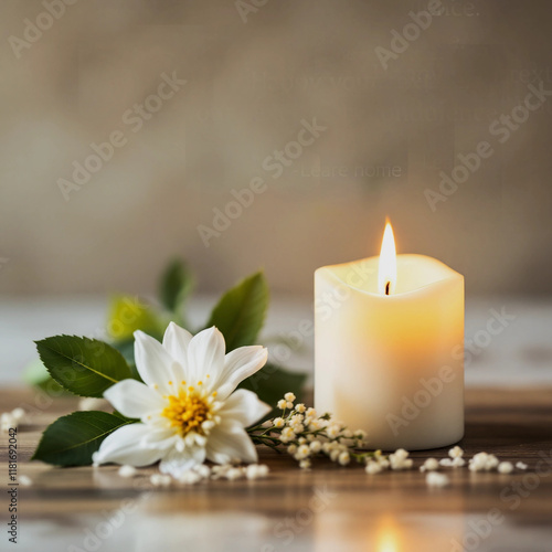 A serene condolence card featuring a white burning candle and flower, neatly arranged with space for heartfelt text. Ideal for sympathy messages. photo