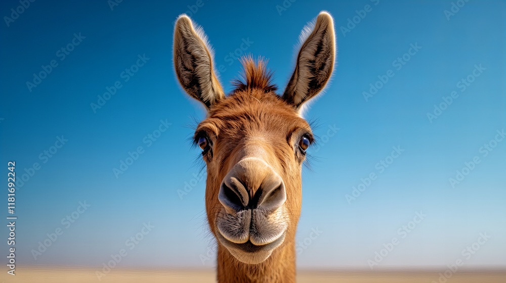 Close-up of a curious donkey against a clear blue sky. Its warm brown fur and expressive eyes create a heartwarming scene. Close-up of a curious donkey against a clear blue sky. Its warm brown fur and expressive eyes create a heartwarming scene.