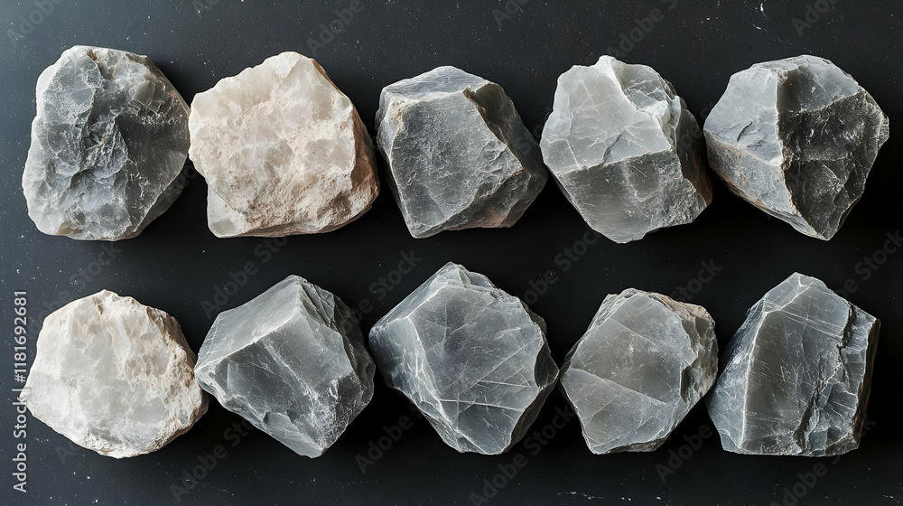 Naklejka premium Rocks and Minerals Display: Exploring Textures and Colors on Black Background