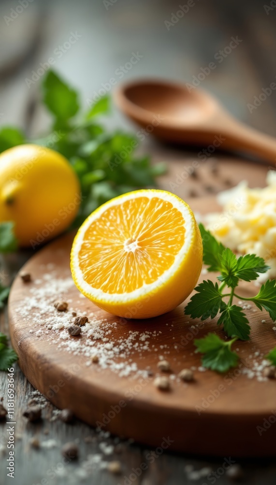 Citrus Slice Preparation, A Wooden Board with Fresh Lemon, Parsley, and Coarse Seasoning Citrus Slice Preparation, A Wooden Board with Fresh Lemon, Parsley, and Coarse Seasoning