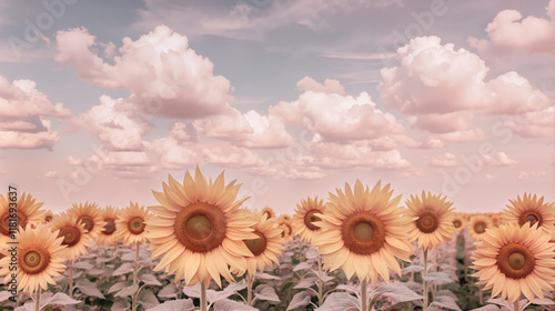 Sunflowers blooming against a cloudy pastel sky